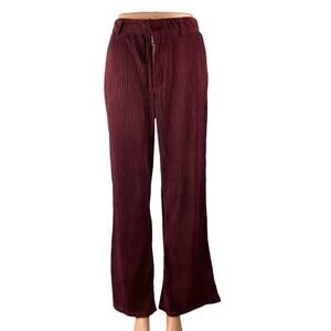 Urban Outfitters Womens Red Burgundy Ribbed Velvet Kick Flare Trousers Pants 2